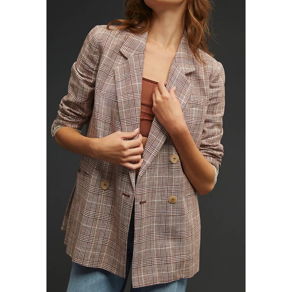 Maeve Blazer Women 10 Brown Plaid Double Breasted Cotton Linen Anthropologie
